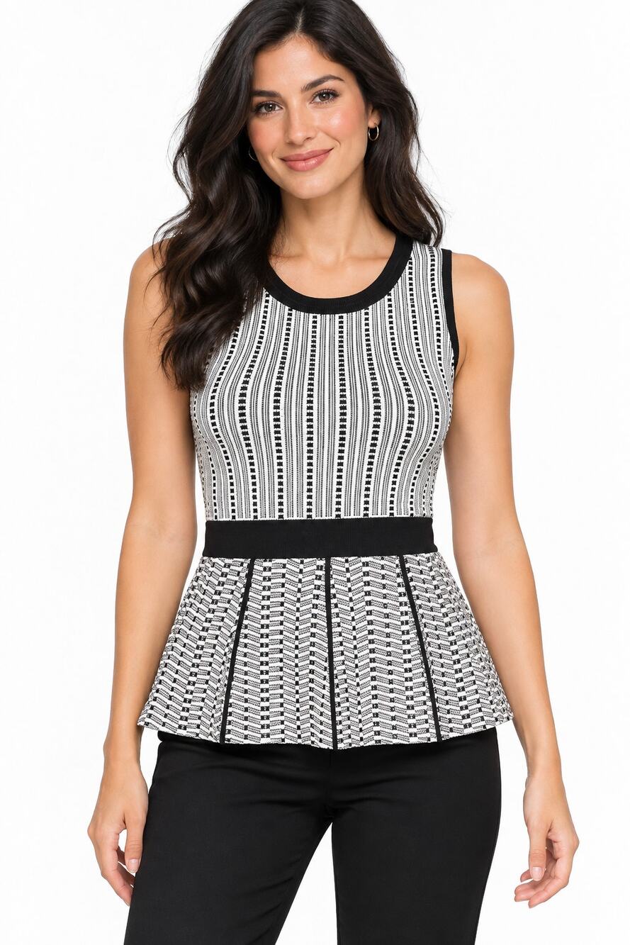 WHBM Sleeveless Peplum Top Womens Medium Black Ecru Career Office Shell Tank